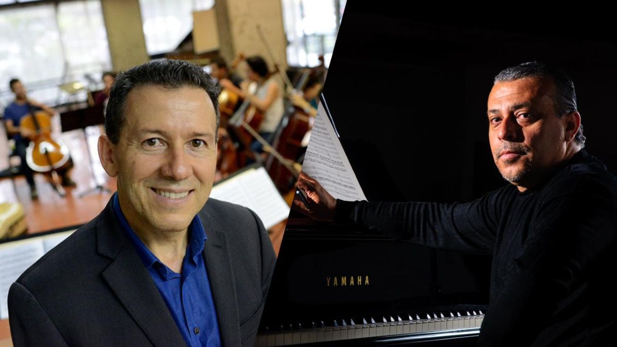 Alejandro Gutiérrez, director de la Orquesta Sinfónica Universitaria, y Marvin Camacho, pianista y miembro de la comunidad universitaria.  Fuente: UCR